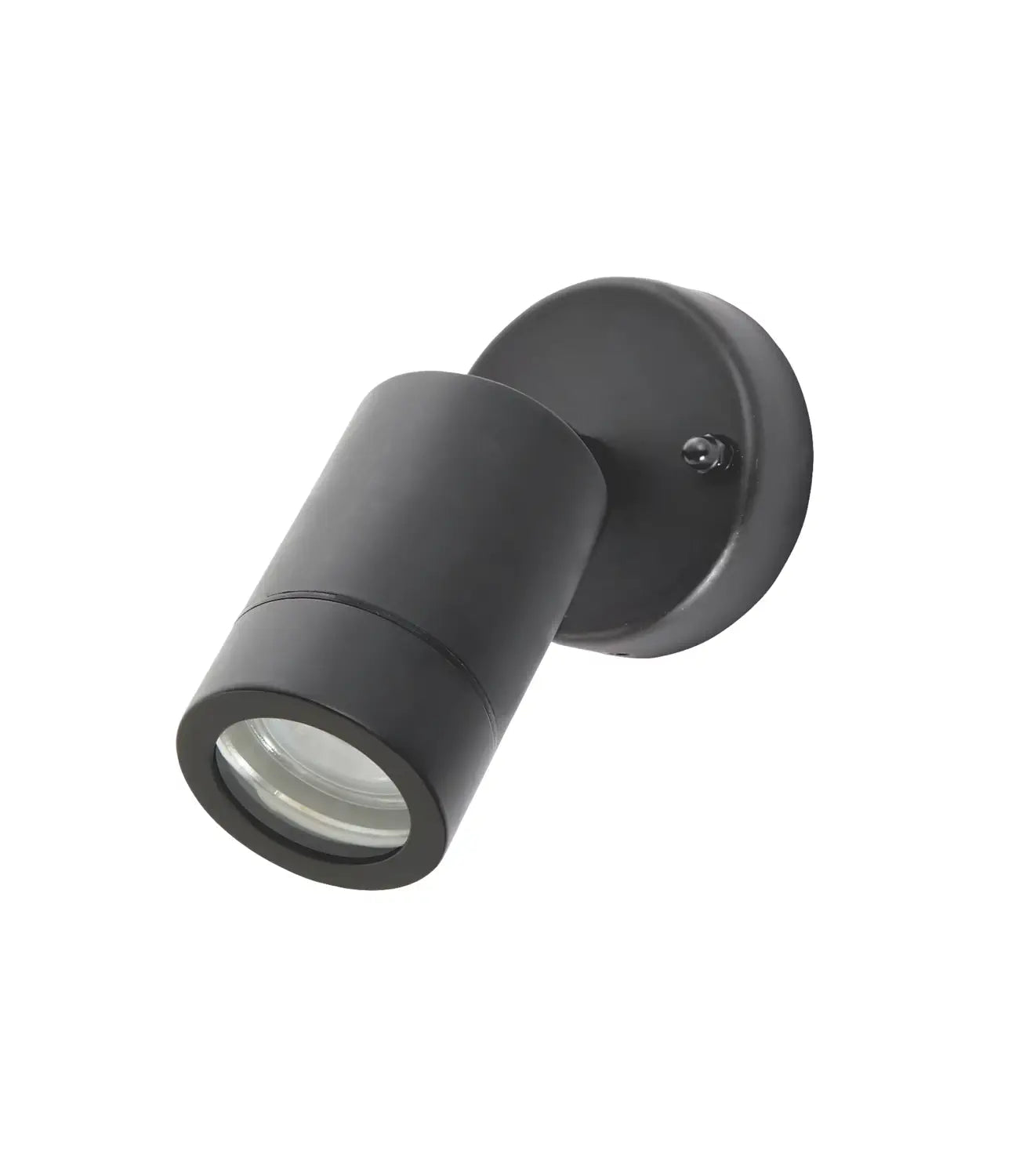 a small, black adjustable wall light against a white background