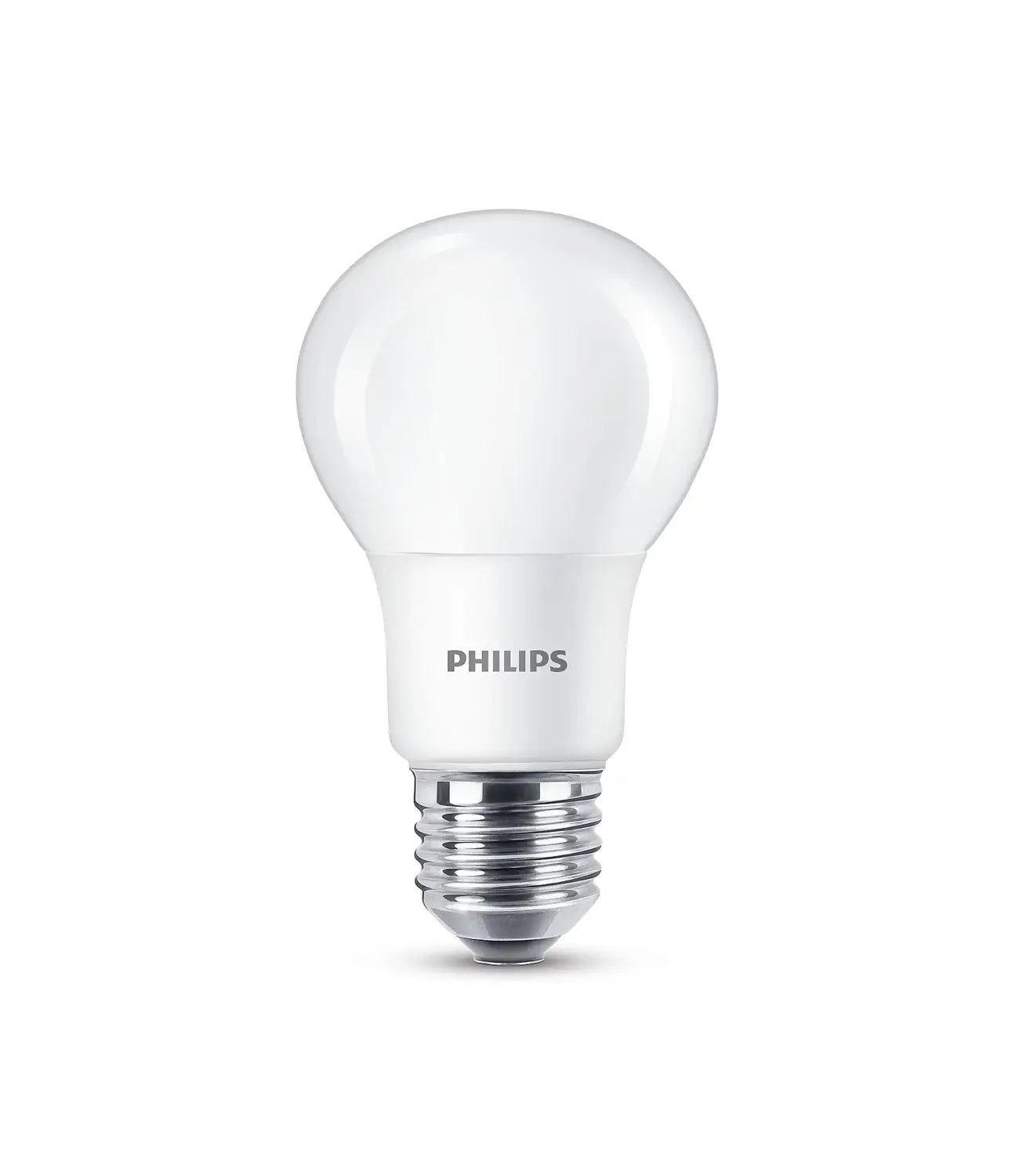A Philips E27 LED light bulb with a frosted dome and standard screw base, designed for energy efficiency and suitable for various light fixtures.