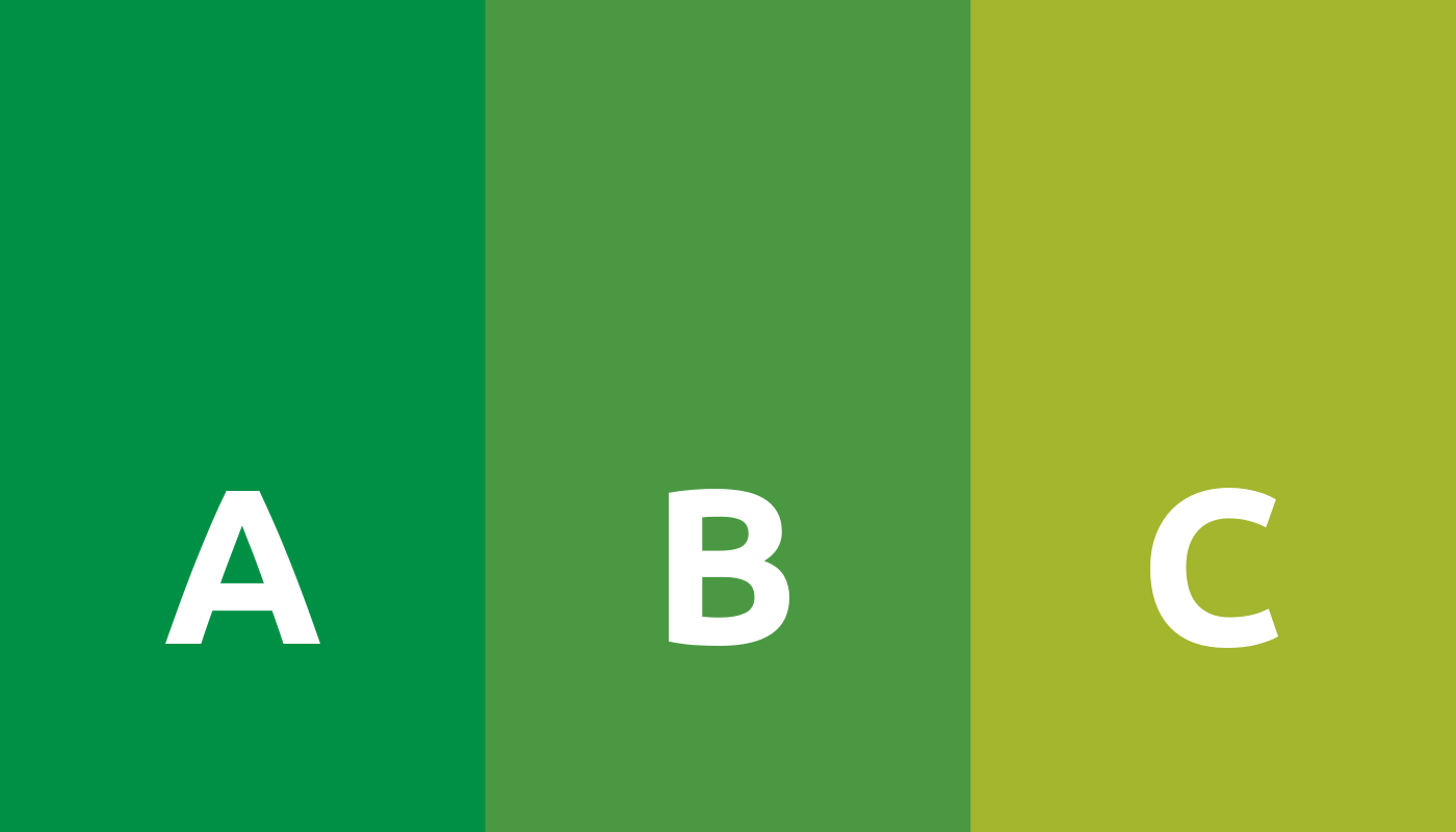 An image illustrating energy ratings A, B, and C, with shades of green transitioning from dark (A) to lighter green (C), symbolising high energy efficiency levels.
