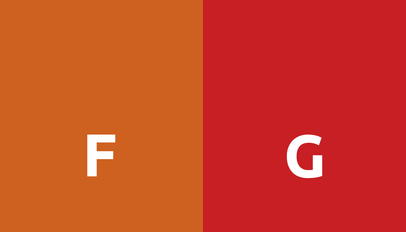 An image showing energy ratings F and G, represented by orange for F and red for G, indicating low to very low energy efficiency levels.