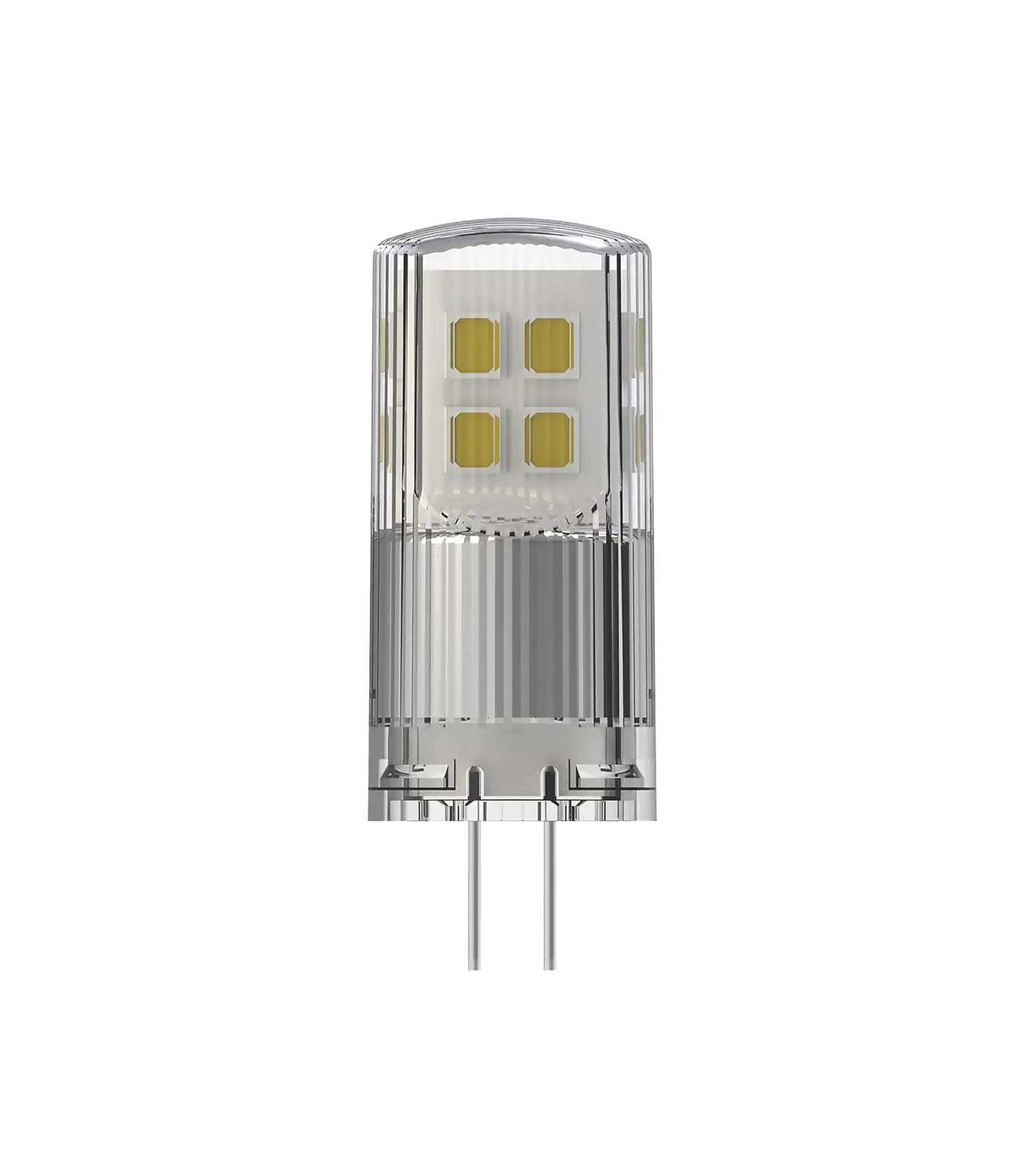 A G4 LED light bulb with a compact design, featuring a bi-pin base and clear housing, ideal for energy-efficient use in small light fixtures like chandeliers or cabinet lighting.