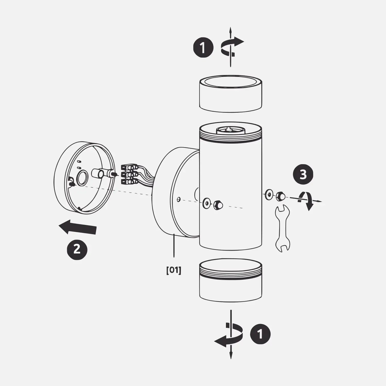 A black-and-white diagram showing the assembly and installation steps for a cylindrical wall light, including instructions for removing caps, connecting wires, and securing bolts with a wrench.