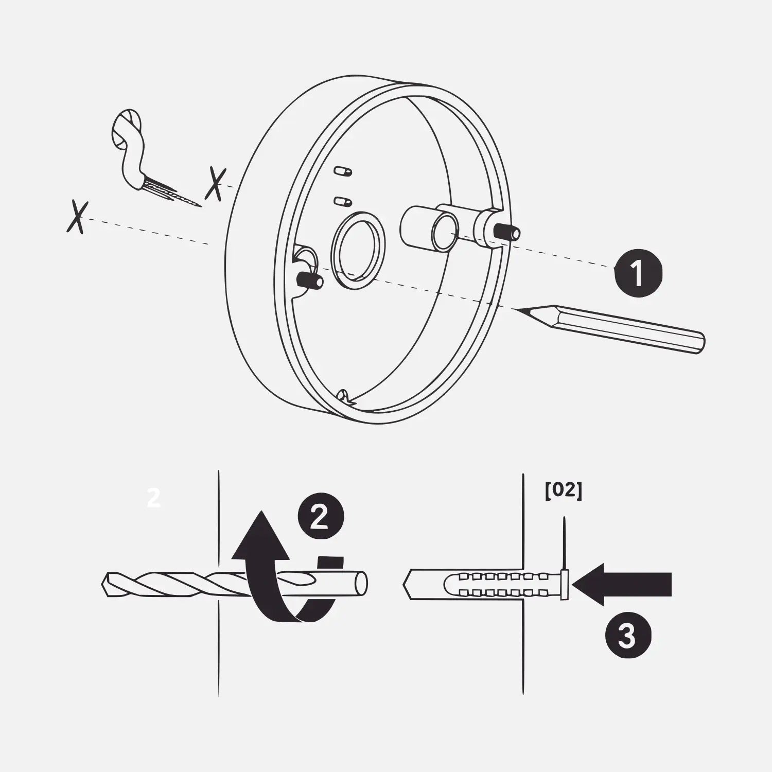 A black-and-white diagram illustrating the steps to mount a wall bracket for a light fixture, including marking drill points with a pencil, drilling holes, and inserting wall plugs into the drilled holes.