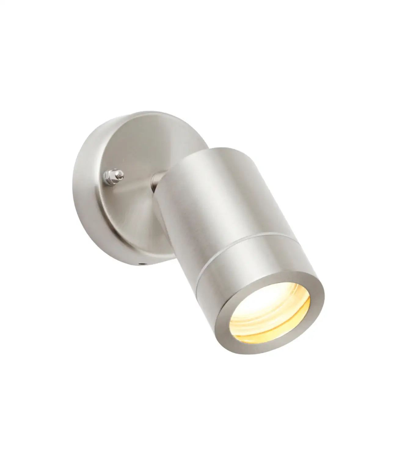 a small, silver adjustable wall light against a white background that is switched on