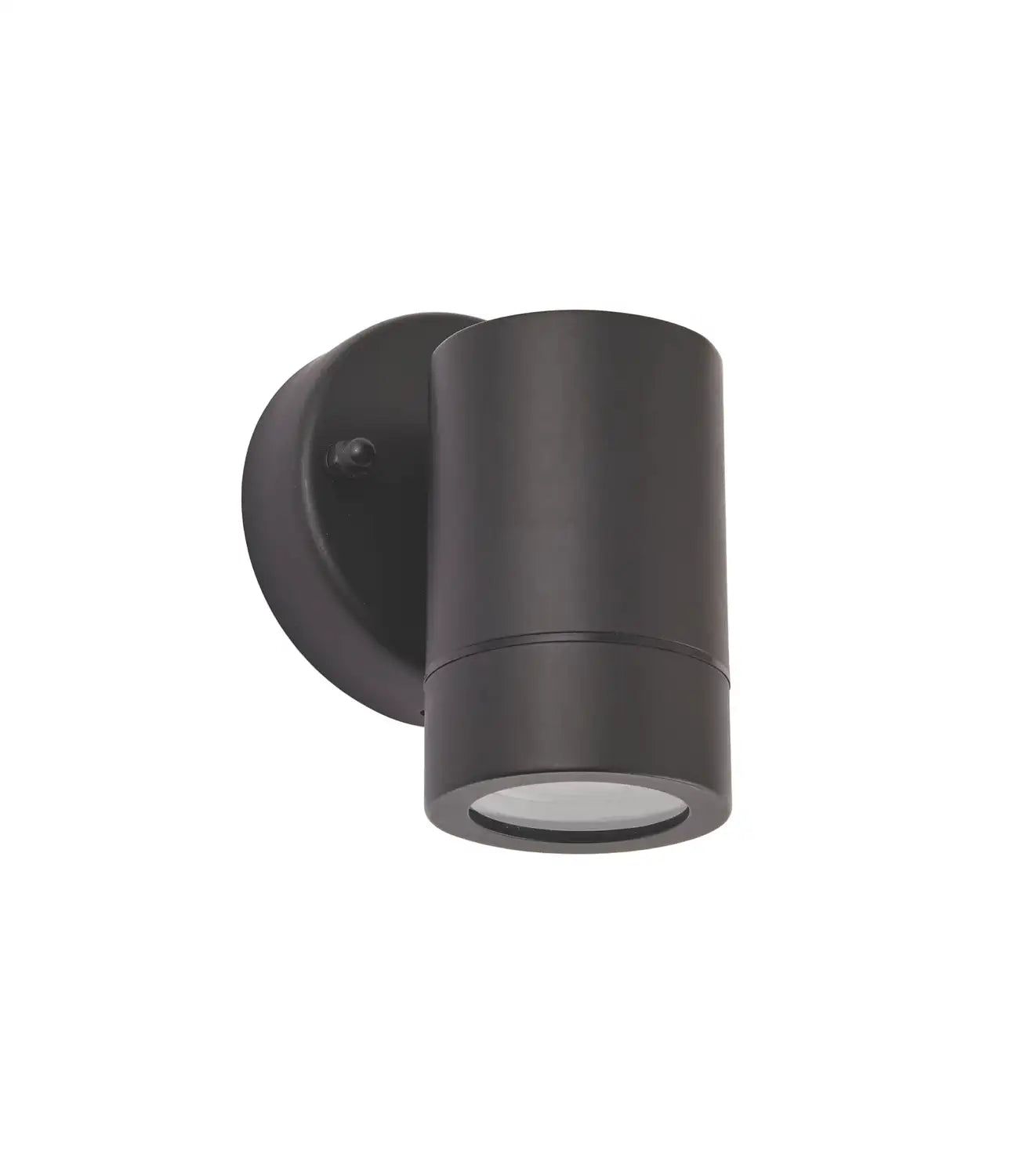 A contemporary black cylindrical outdoor wall light with a minimalist design, mounted on a circular base, ideal for modern exteriors.