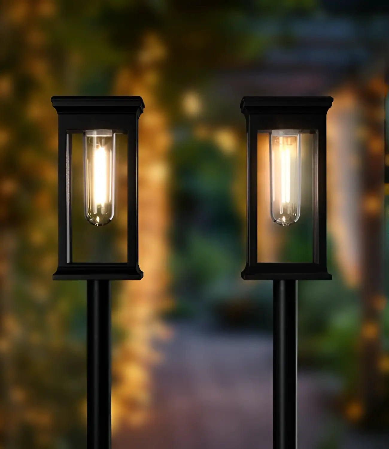 Two black-framed post lantern garden lights glowing at night with a blurred outdoor background.