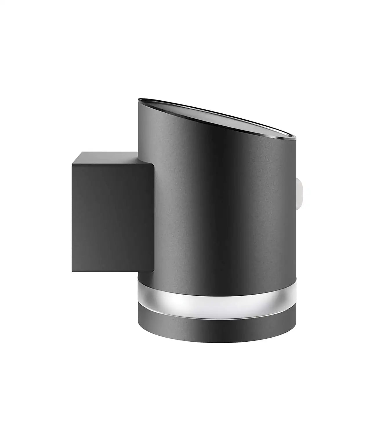 a side on view of a black solar wall light on a white background