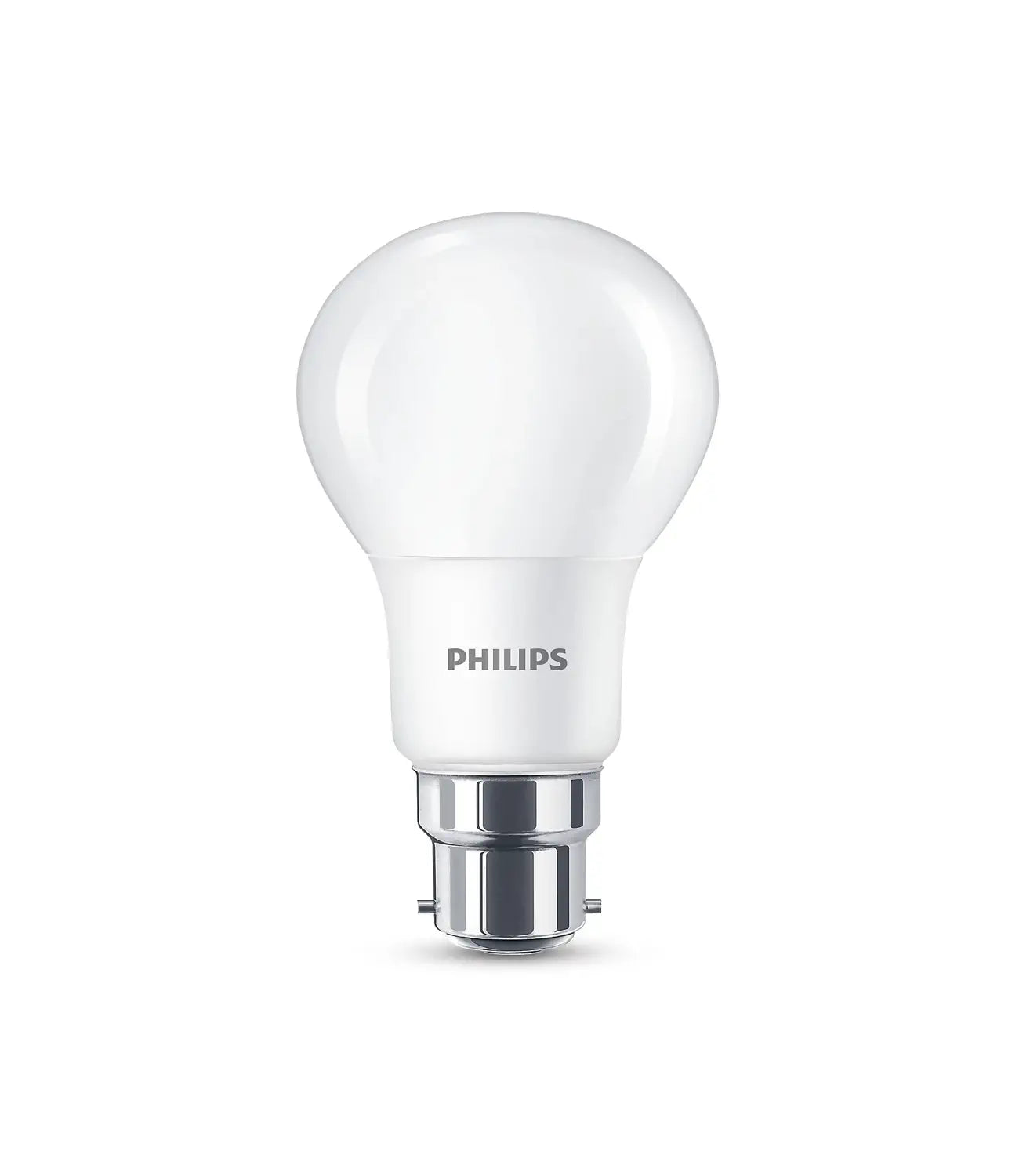A Philips B22 LED light bulb with a frosted dome and bayonet base, offering energy-efficient lighting suitable for a variety of light fittings.