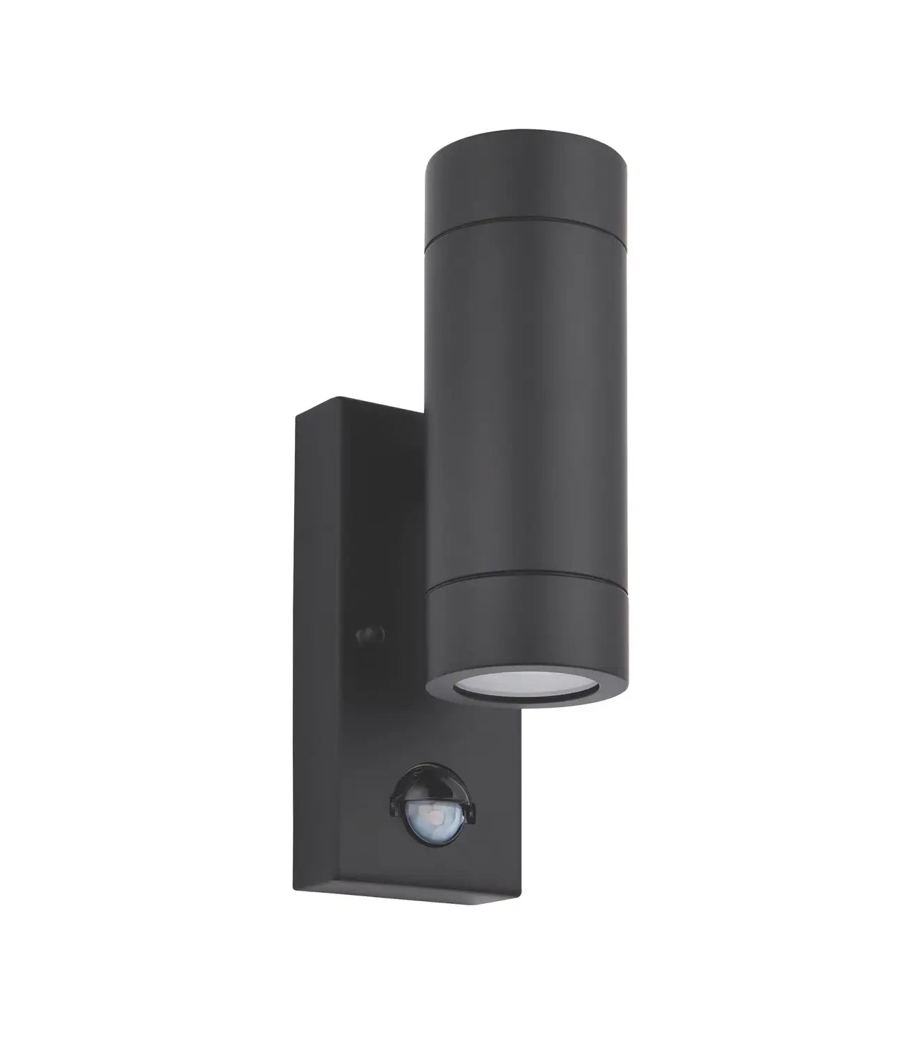 a black outdoor wall light with pir sensor. The light can shine upwards and downwards.