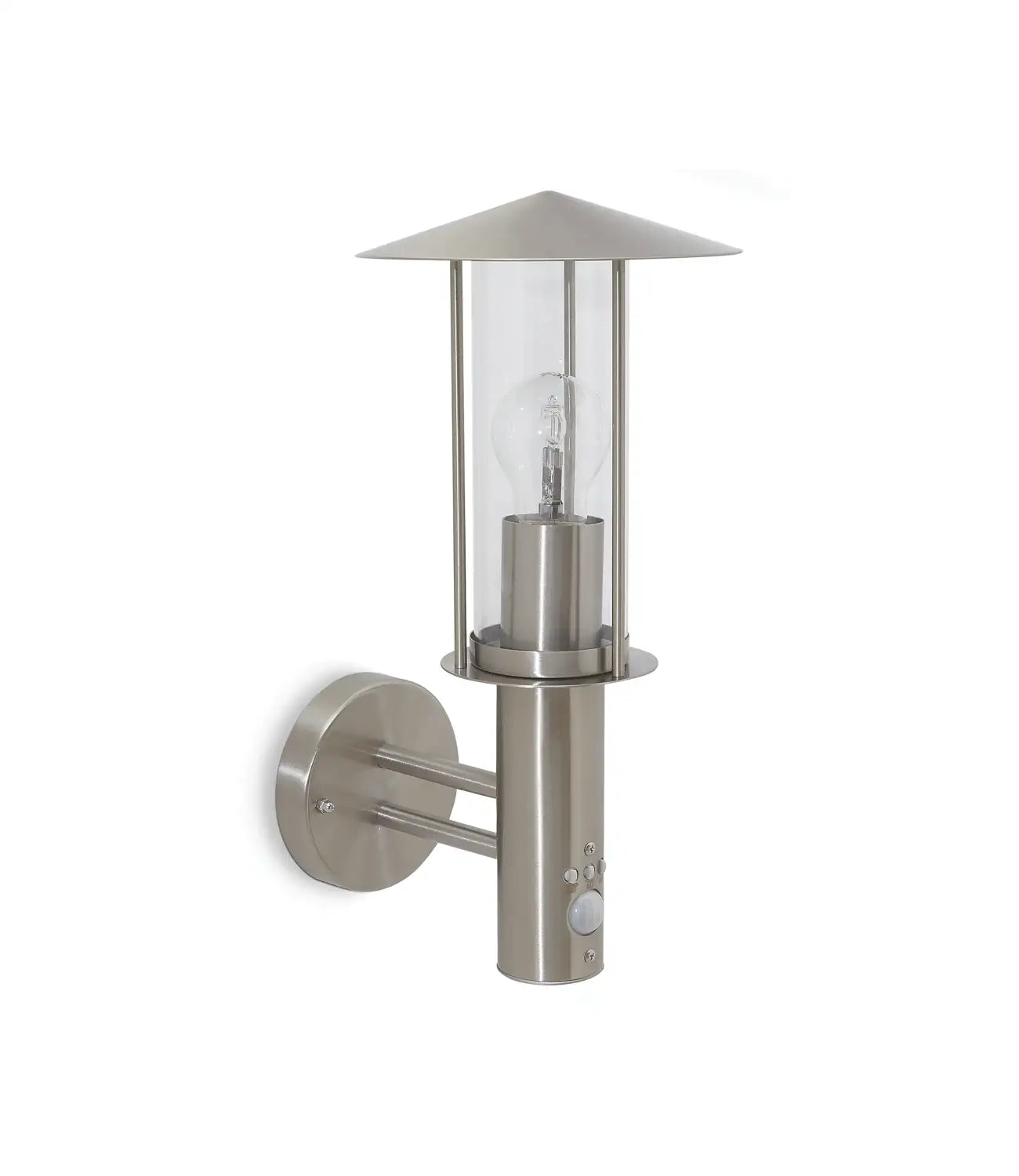 A contemporary outdoor wall light with a brushed stainless steel finish. It features a lantern-style design with a clear glass enclosure, a conical top, and a built-in motion sensor for added security and functionality.