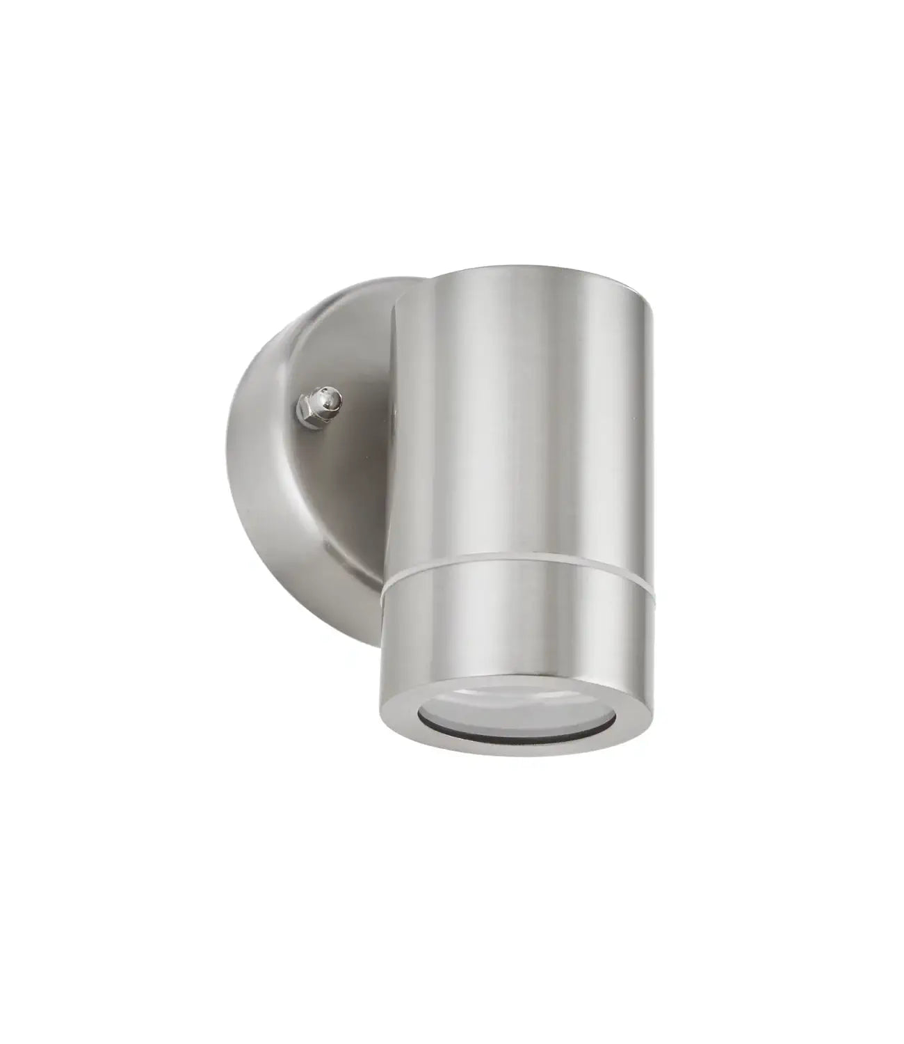 A sleek brushed stainless steel cylindrical outdoor wall light with a clean and polished finish, perfect for enhancing modern or industrial spaces.