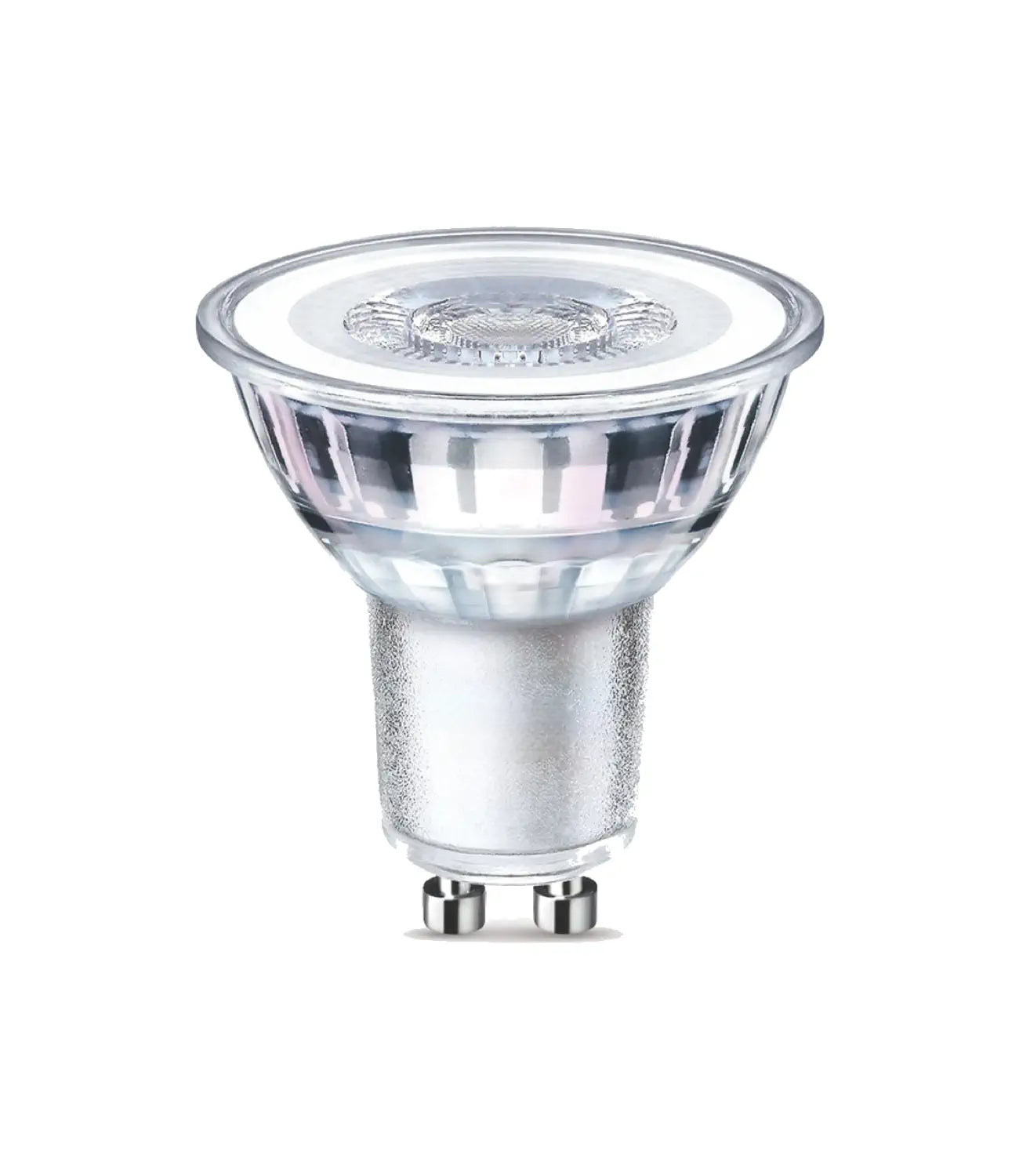 A Philips GU10 LED spotlight bulb with a clear lens and metal base, designed for energy-efficient lighting in modern fixtures.