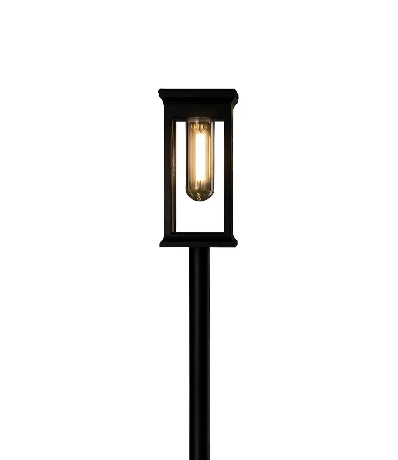 Single black post lantern garden light illuminated against a plain white background.