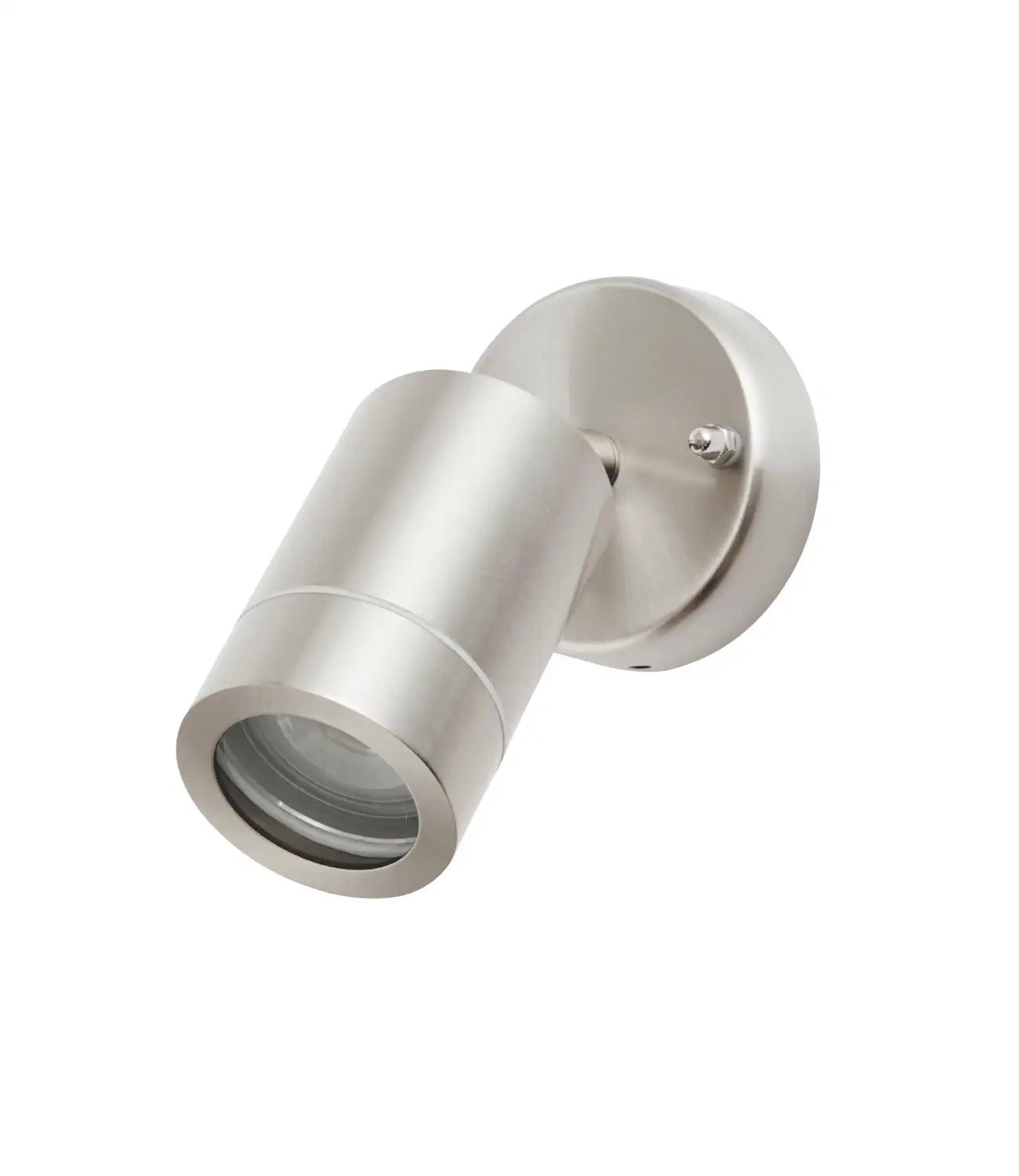a small, silver adjustable wall light against a white background