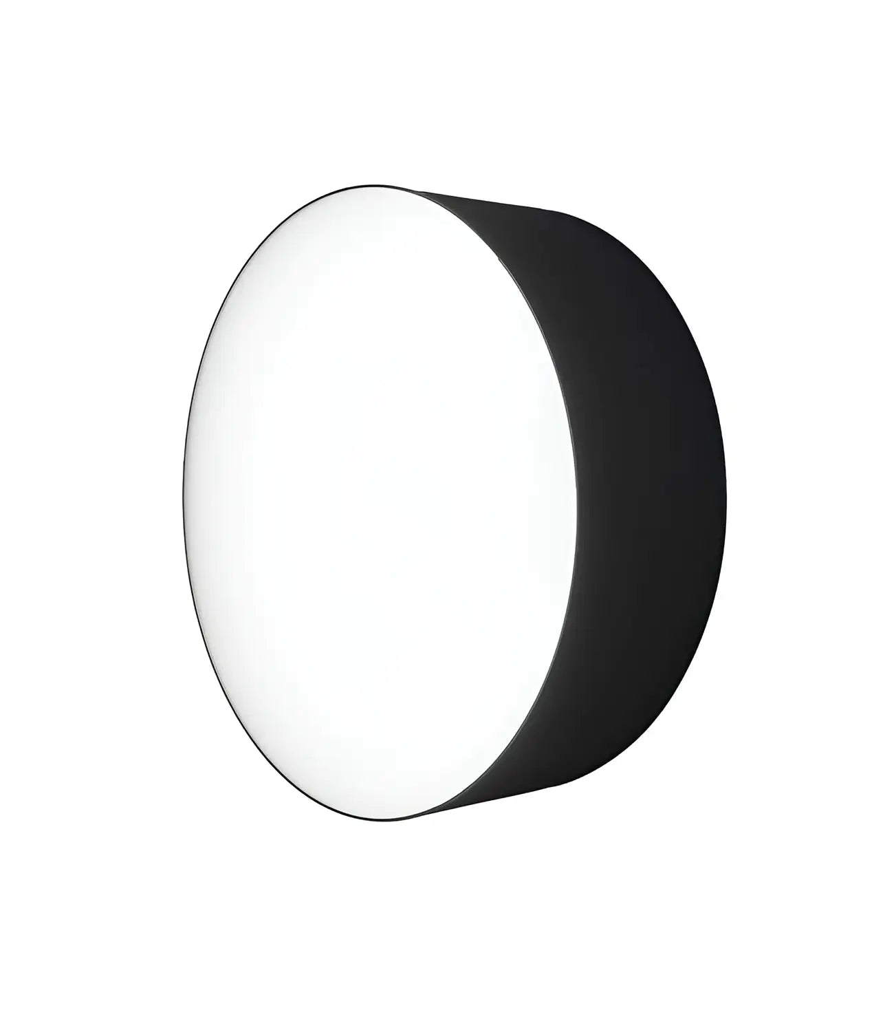 Round black wall light with a glowing white front panel against a white background.