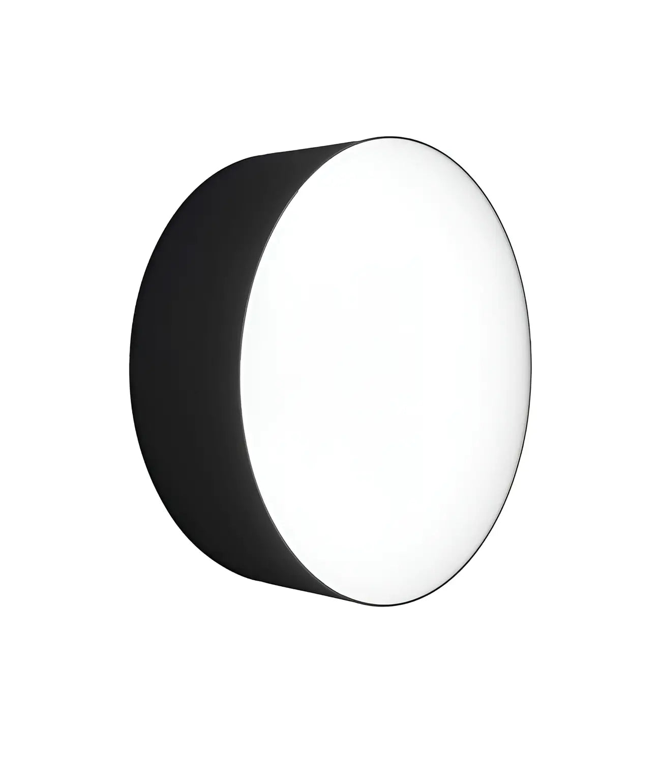 Round black wall light with a glowing white front panel against a white background.