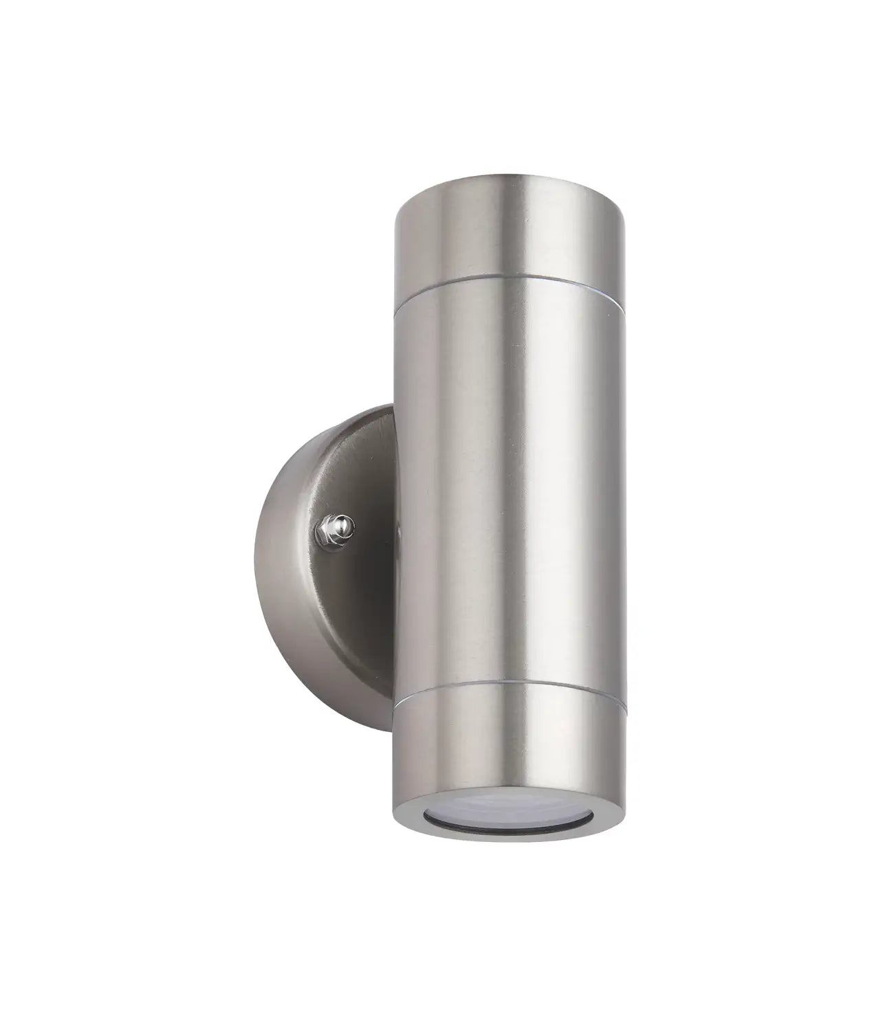 A sleek, stainless steel outdoor wall light with an up-and-down lighting design, ideal for modern exterior spaces.