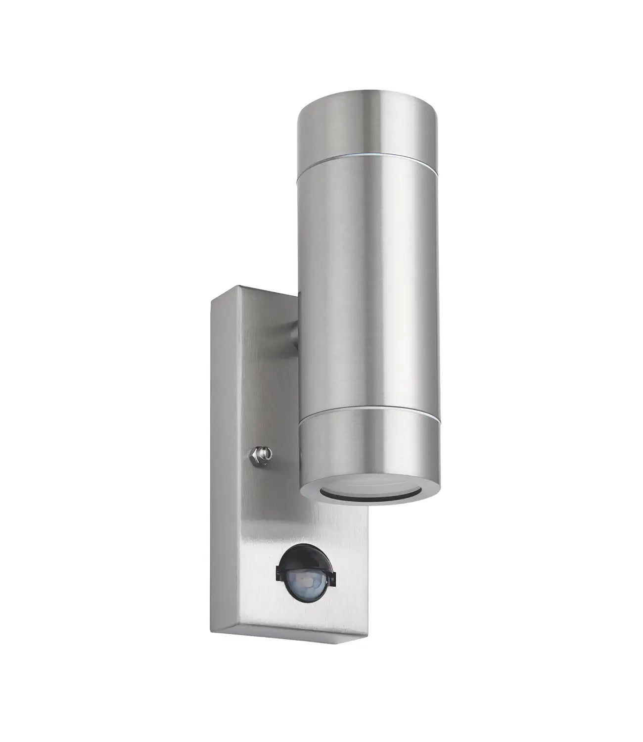 A sleek stainless steel outdoor wall light with a modern up-and-down design and a built-in motion sensor for added security and convenience.